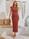 Women's Maxi Dress - Short Sleeve - Waistband - Ribbed Texture - Elegant Slit