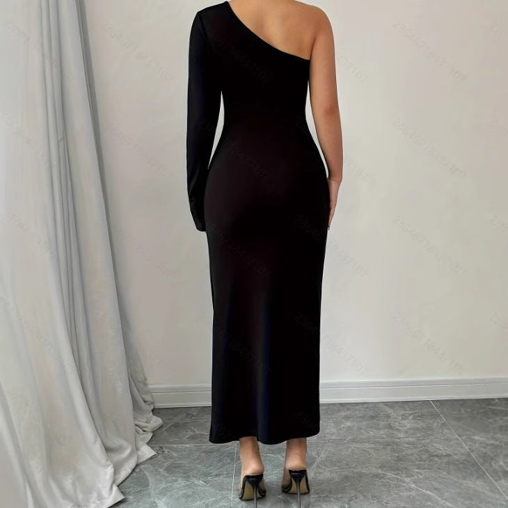 Women's Bodycon Dress – Off Shoulder – Asymmetric Slit – Long Sleeve – Midi Party Dress
