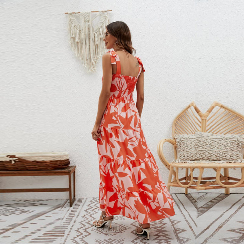 Dress for women – Maxi length – Light cotton – Tie straps – Ruffle skirt