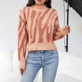 Women's Knit Sweater – Relaxed Fit – Animal Print – Round Neck – Soft and Warm