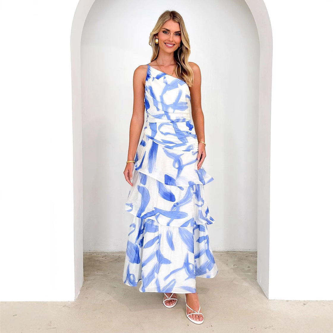 Women's maxi dress – asymmetrical shoulder – ruched top – layered A-line skirt