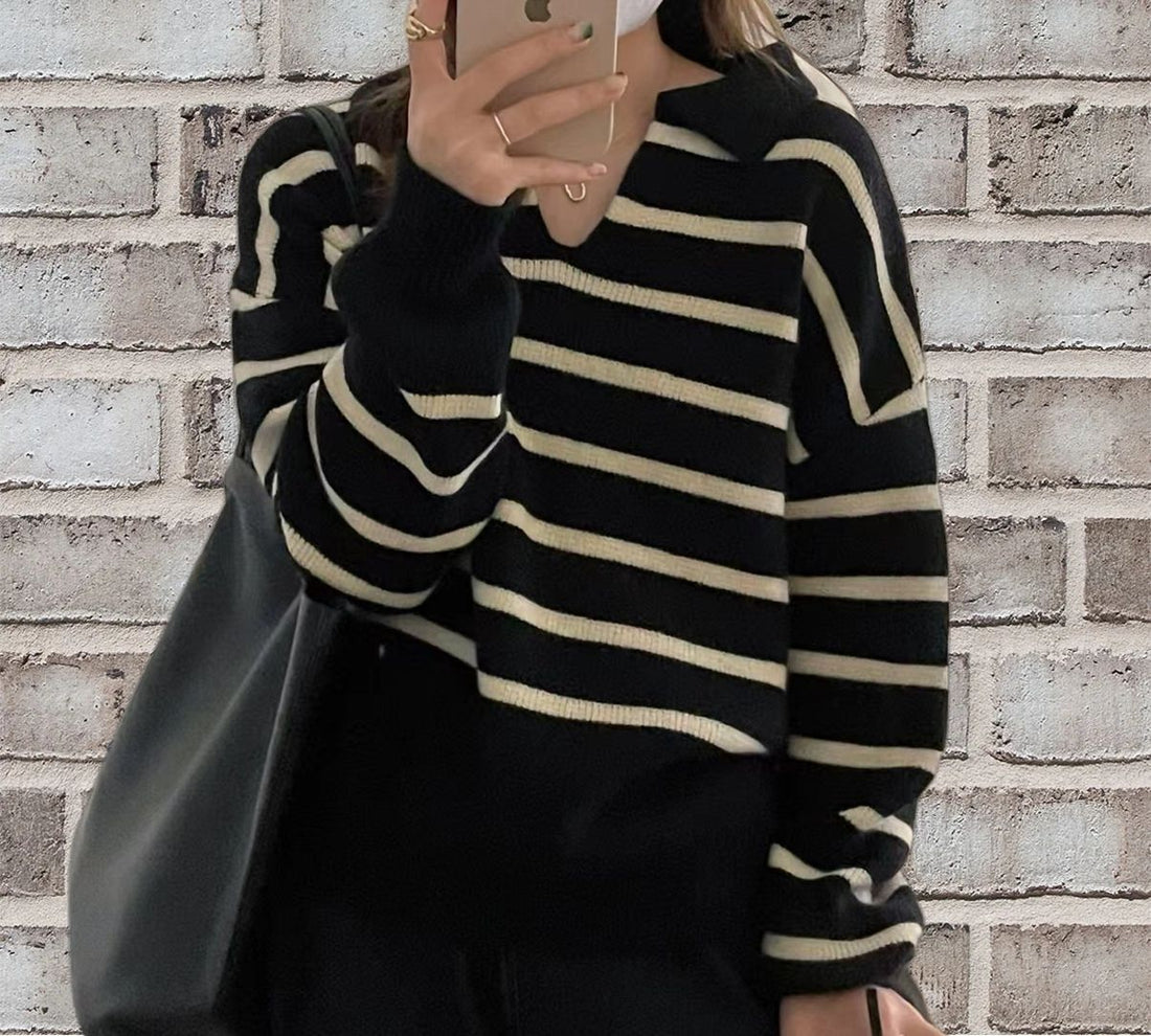 Wool Knit Striped Relaxed Pullover Sweater