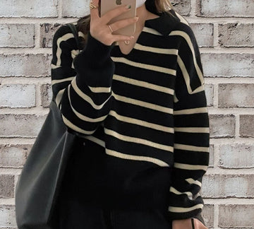 Wool Knit Striped Relaxed Pullover Sweater
