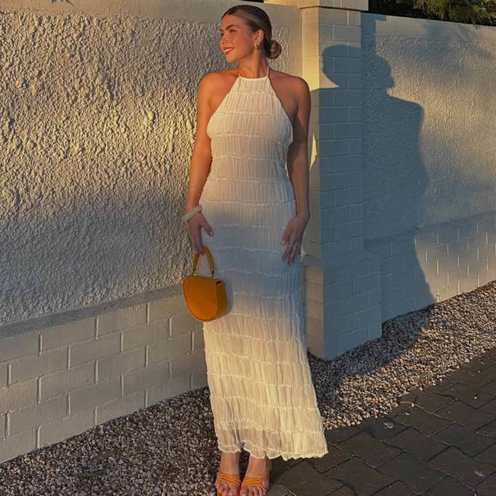 Women's Maxi Dress – Fitted Shape – Halterneck – Ruched Texture – Open Back