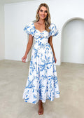 Dress for women – Maxi length – Loose fit – Puff sleeves – Cut-out waist – Layered skirt – Abstract print