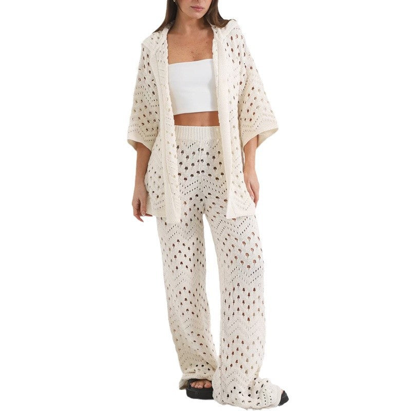 Women's knit set – Open short-sleeved top – High-waisted wide-leg pants