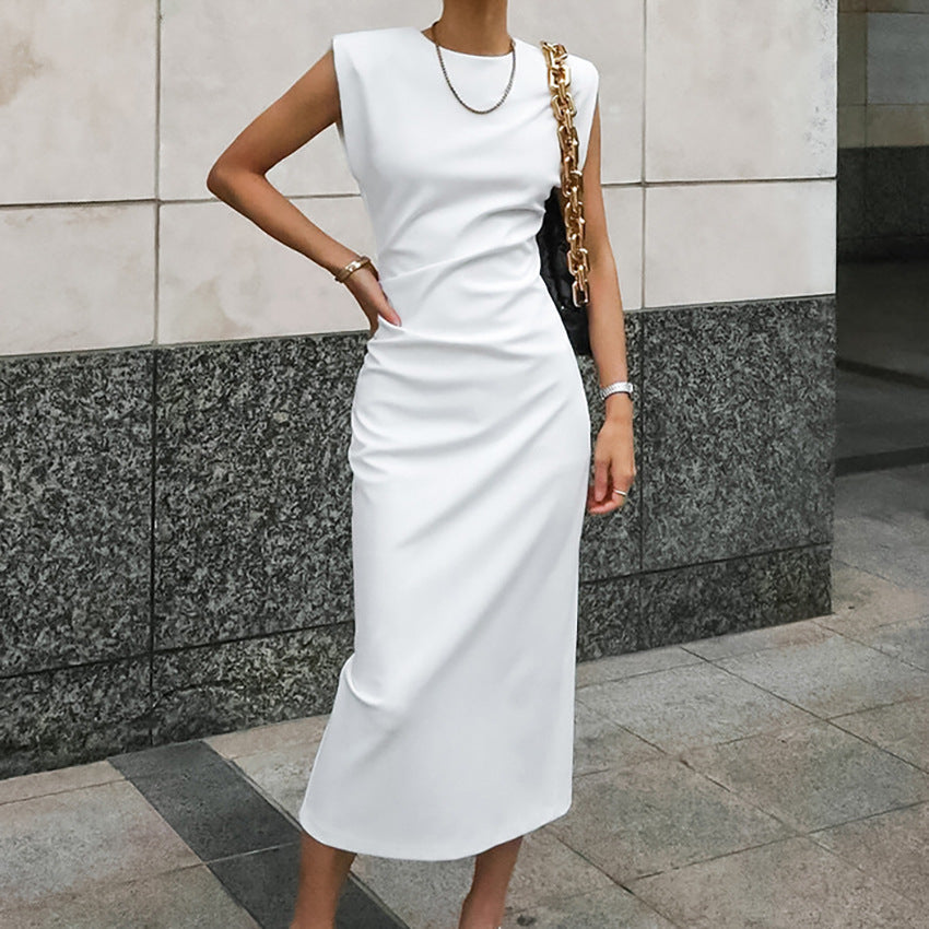 Dress for Women – Tailored Satin – Sleeveless – High Neck – Slit – Mid-Length Party Dress