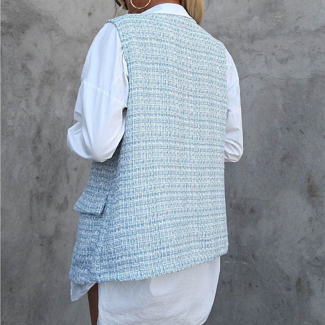 Tweed Houndstooth Plaid Cardigan Vest