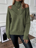 Women's Knit Sweater – Relaxed Fit – Off-Shoulder V-Neck – Ribbed Edges – Wool Blend