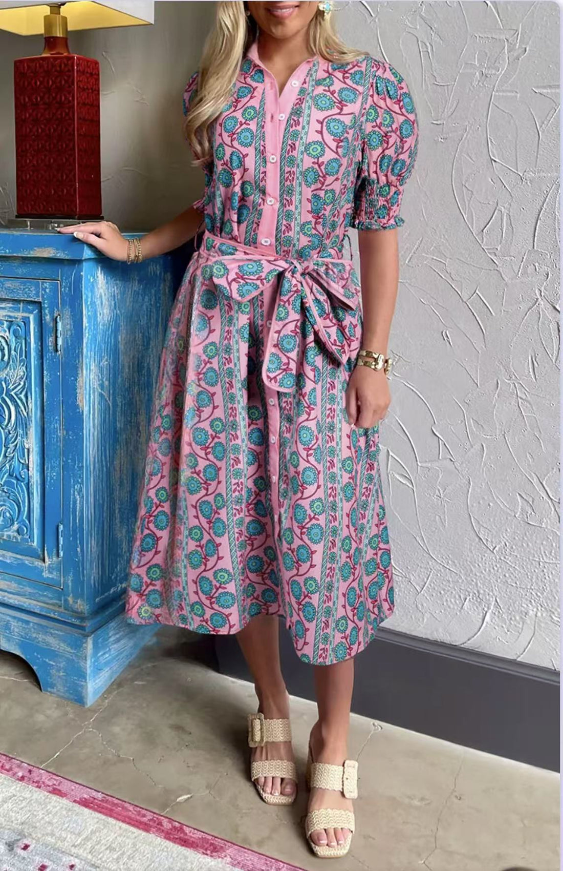 Floral High-Waisted Puff Sleeve Midi Dress