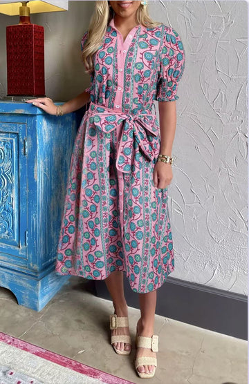 Floral High-Waisted Puff Sleeve Midi Dress