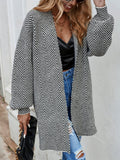 Women's Cardigan – Knit – Relaxed Fit – Open Front – Long Sleeves – Herringbone Pattern