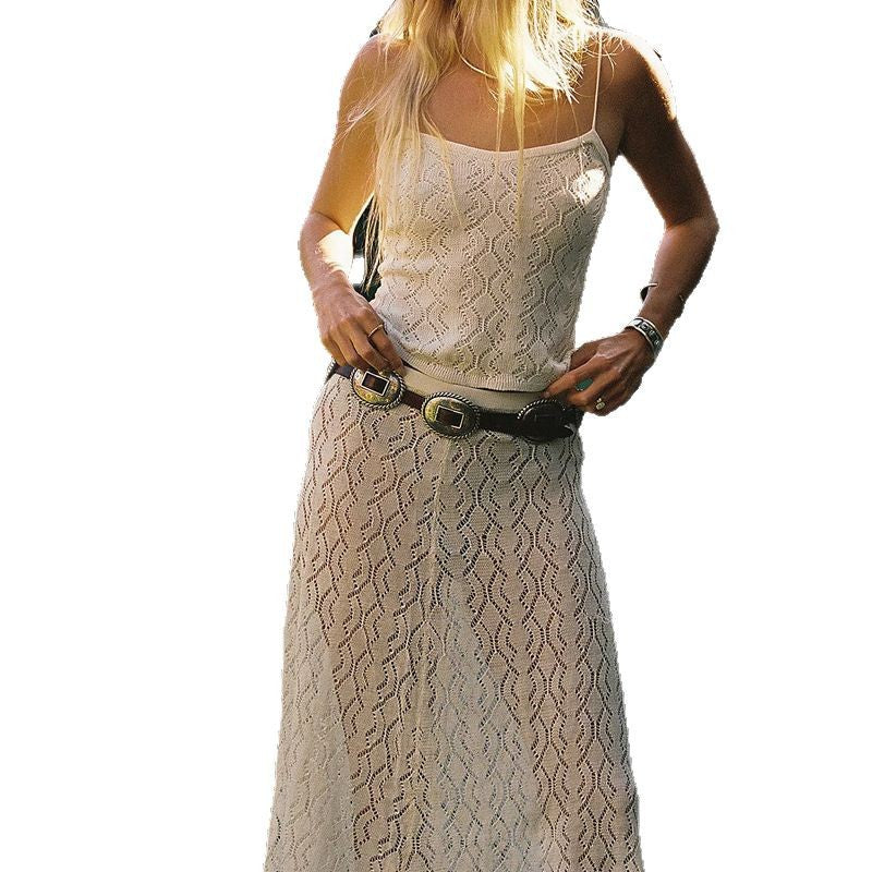 Women's Dress – Slim Fit – Crocheted Lace – Spaghetti Straps – Midi – Boho Style