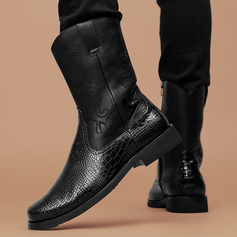 Leather Embossed Mid-Calf Boots