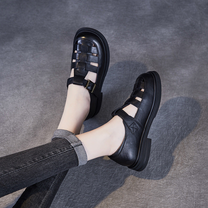 Genuine Leather Adjustable Buckle Flat Sandals