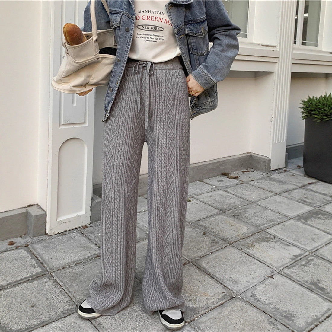 Knit Blend Drawstring High Waist Pants