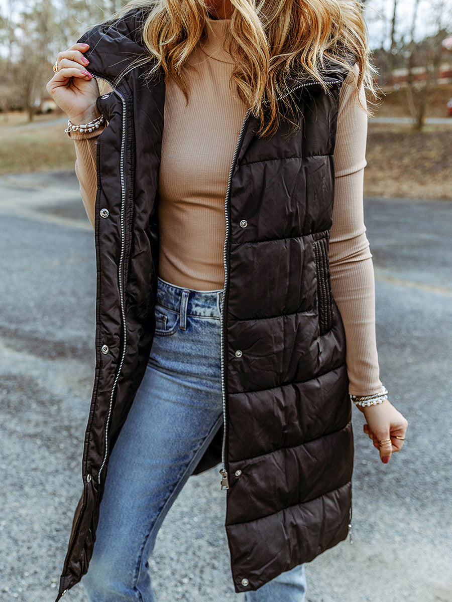 Quilted Hooded Relaxed Fit Long Vest