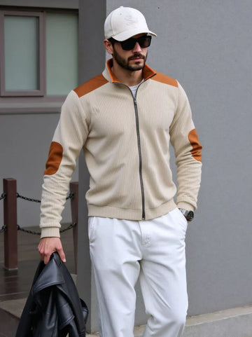 Contrast Yoke Full-Zip Knitted Sweater