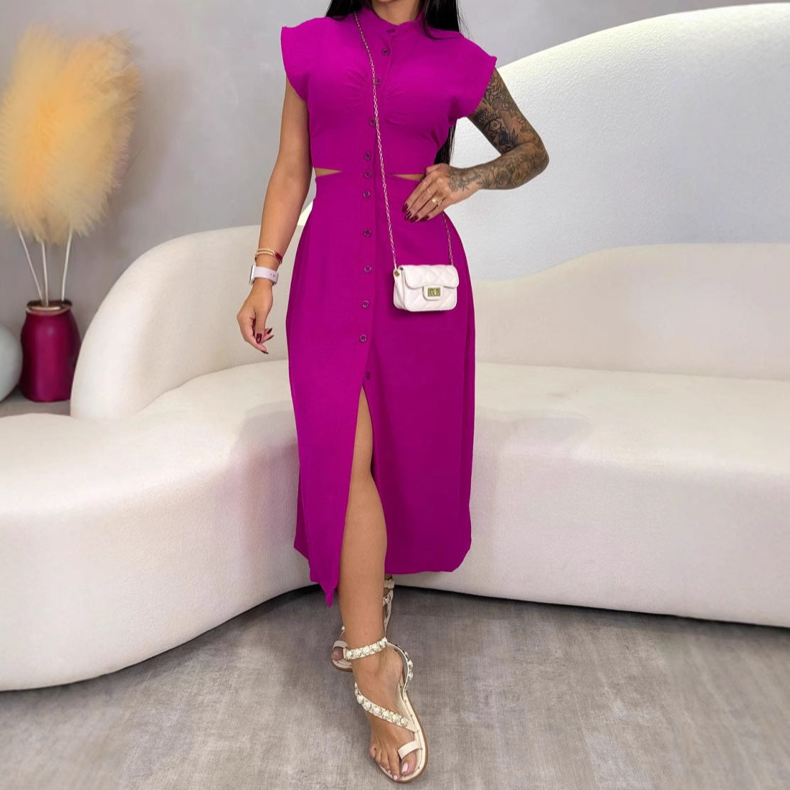 Women's Midi Dress – Slim Fit – Sleeveless – Cut-Out Sides – Stand Collar – Button Closure