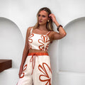 Women's Set with Top and Wide Pants – Cotton – Relaxed Fit – Floral Pattern