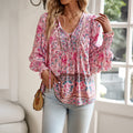 Women's Blouse – Light Rayon – Relaxed Fit – Bow Neck – Long Sleeves Boho Print