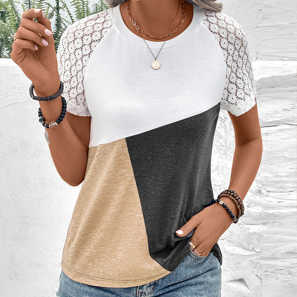 Lace Sleeves Cotton Blend Relaxed Fit T-Shirt