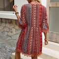 Women's Summer Dress – A-Line Fit – V-Neck – Boho Pattern – Lace Trim – 3/4 Sleeves