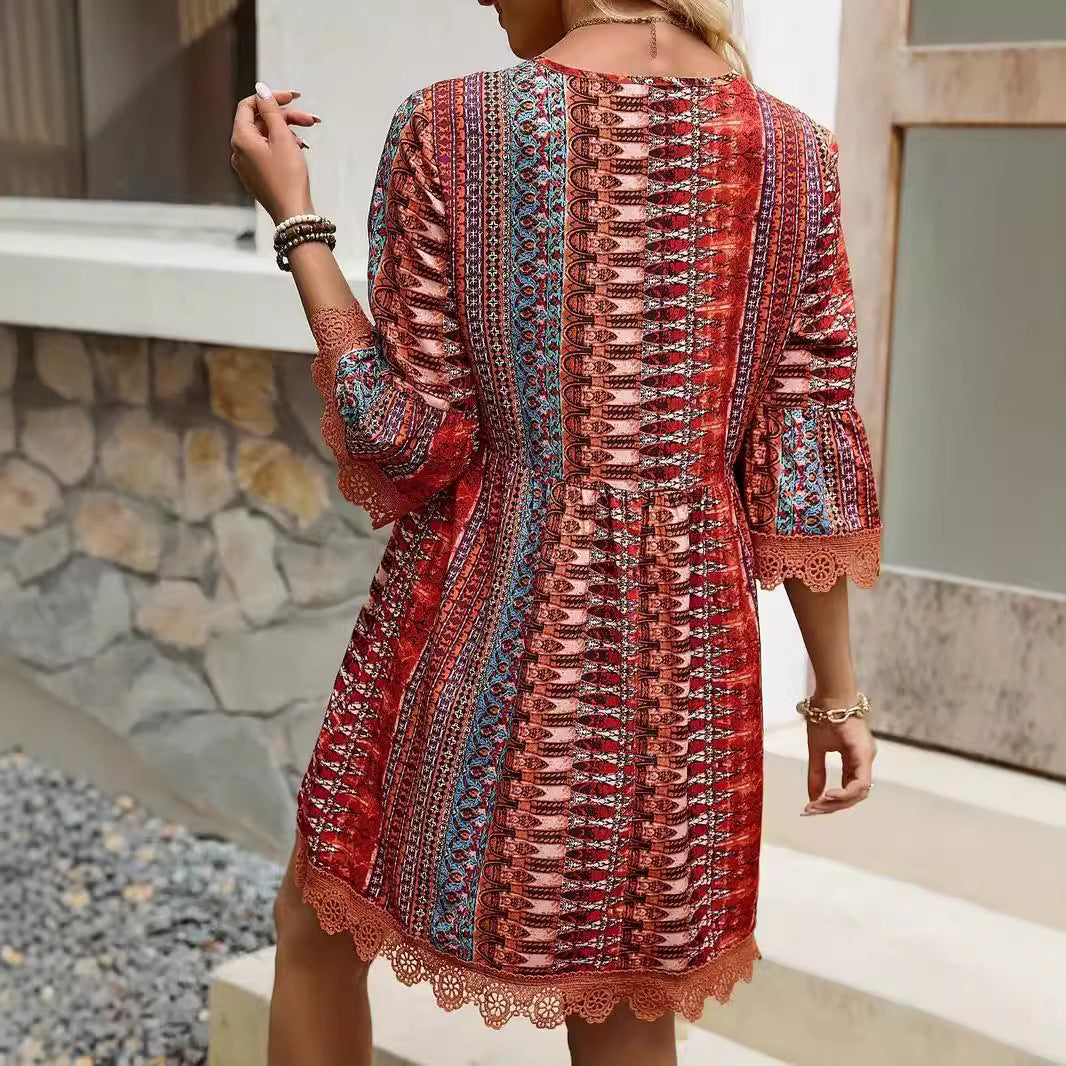 Women's Summer Dress – A-Line Fit – V-Neck – Boho Pattern – Lace Trim – 3/4 Sleeves