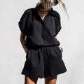 Women's Lounge Set – V-neck Top with Buttons – Elastic Shorts – Loose Fit Cotton