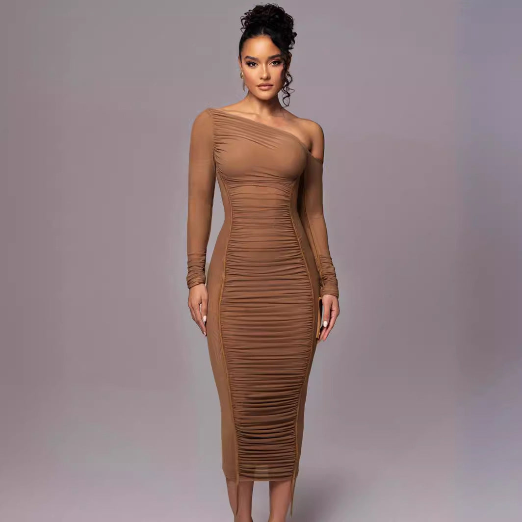 Women's Bodycon Dress – Asymmetric One Shoulder – Long Sleeve – Tailored Elegance