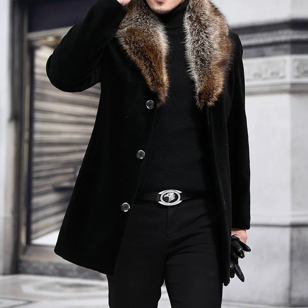 Wool Blend Shaggy Fur V-Collar Coat