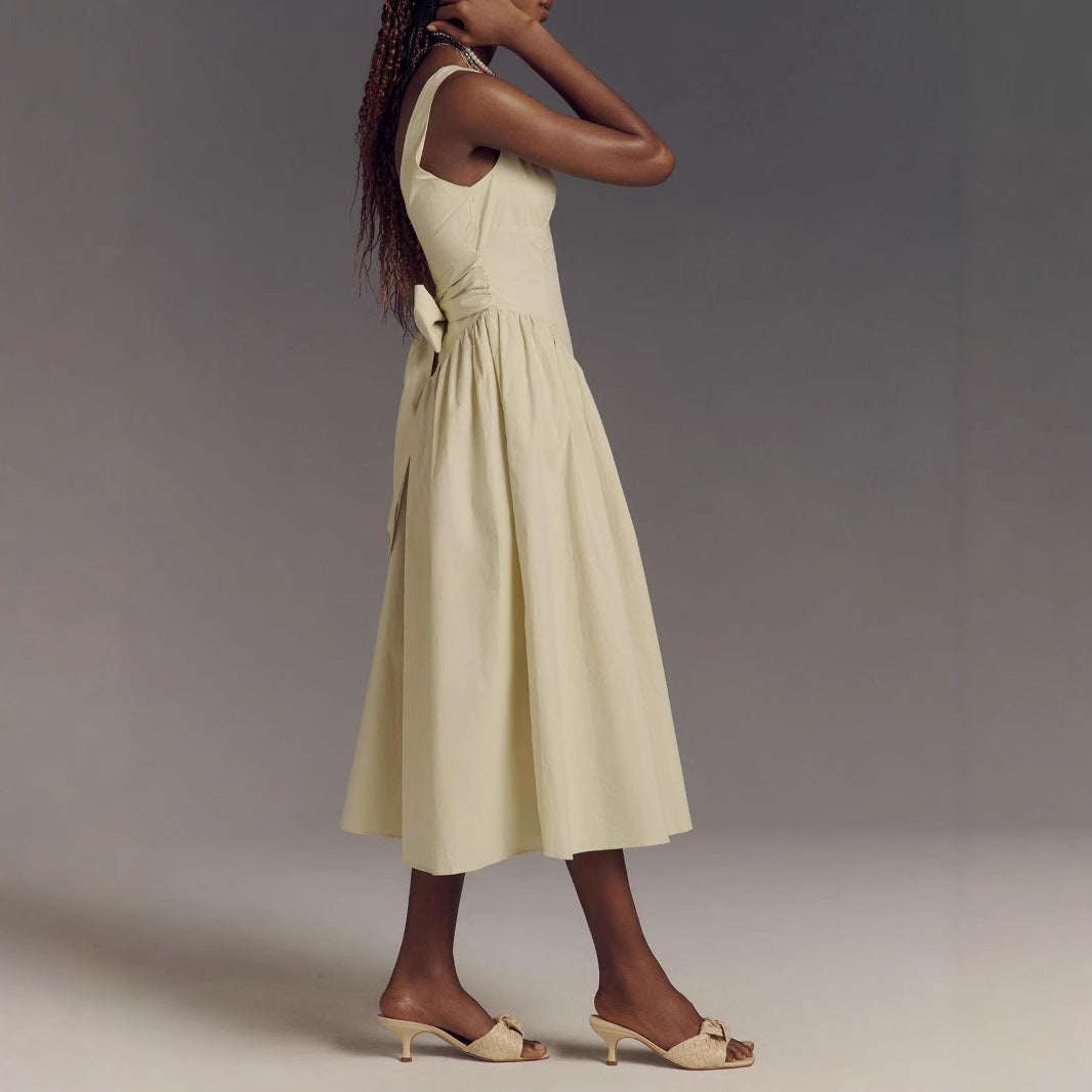 Women's Midi Dress – A-line Fit – Open Back with Bow – Light Cotton Blend