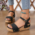 Women's sandals with platform – Jute sole – Buckle – Open toe – Studs – Casual style