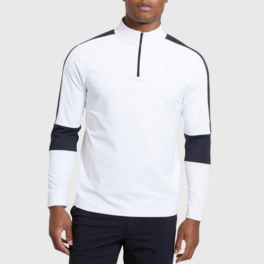 Fitted Knit Quarter-Zip Mock Neck Athletic Pullover with Modern Panel Accents