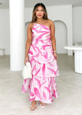 Women's maxi dress – asymmetrical shoulder – ruched top – layered A-line skirt