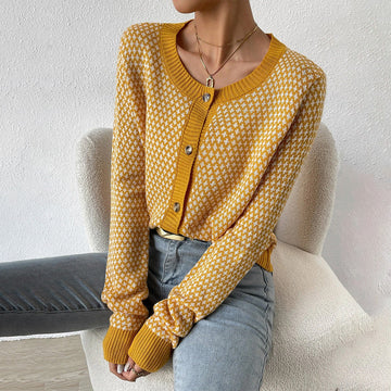 Dame Cardigan – Uldblanding Strik – Knaplukning – Ribkanter – Geometrisk Mønster