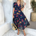 Women's Midi Dress – Chiffon – Bohemian Fit – Deep V-Neck – Short Sleeves