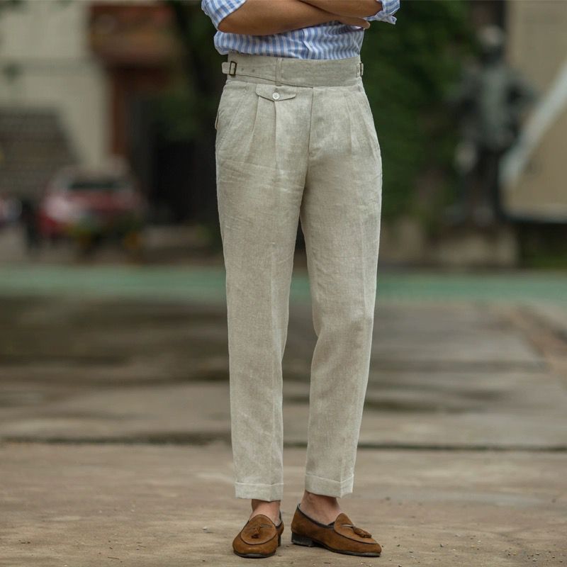 High-Waisted Linen Pleated Trousers