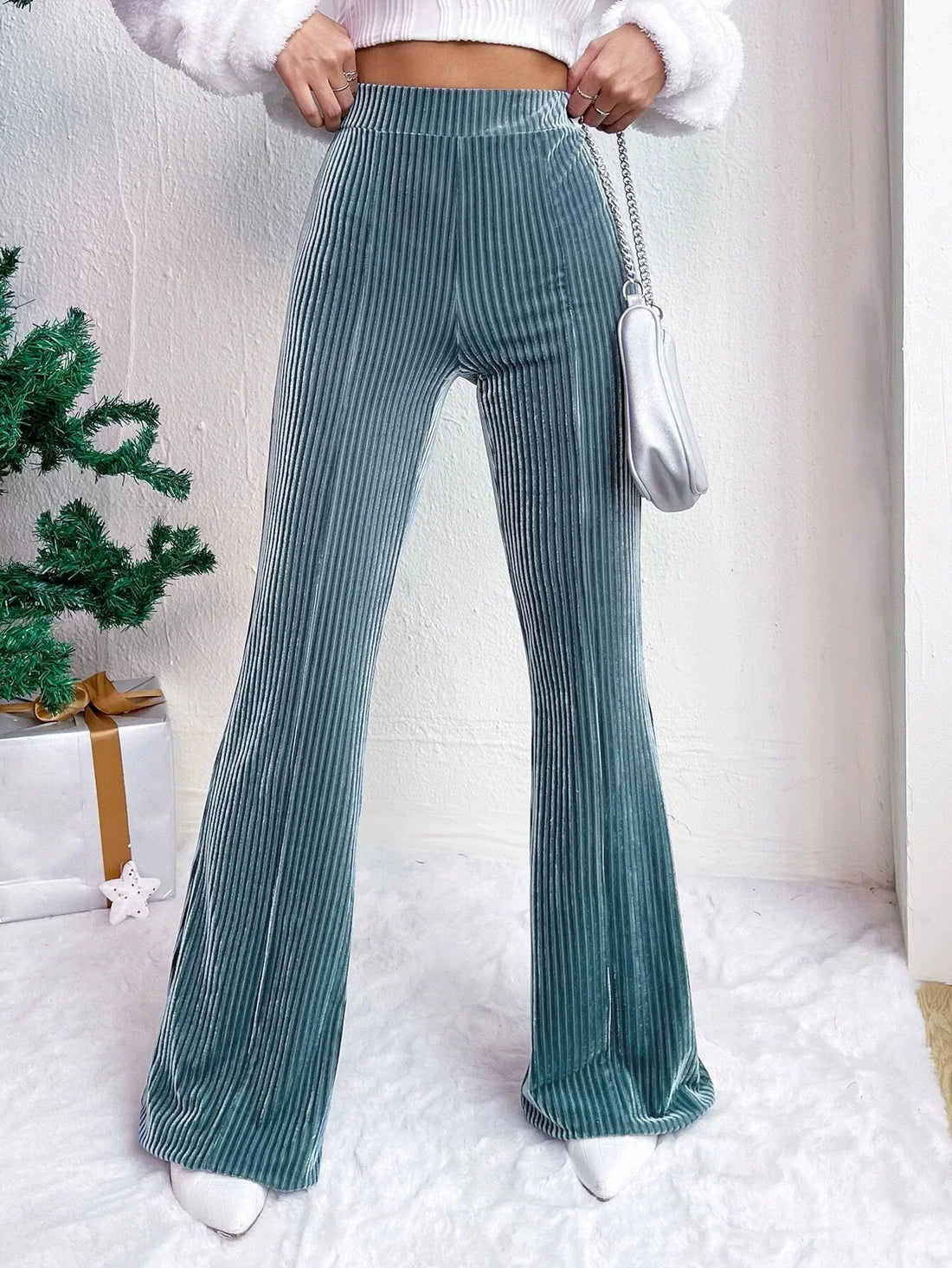 Velvet Ribbed High Waist Flared Pants