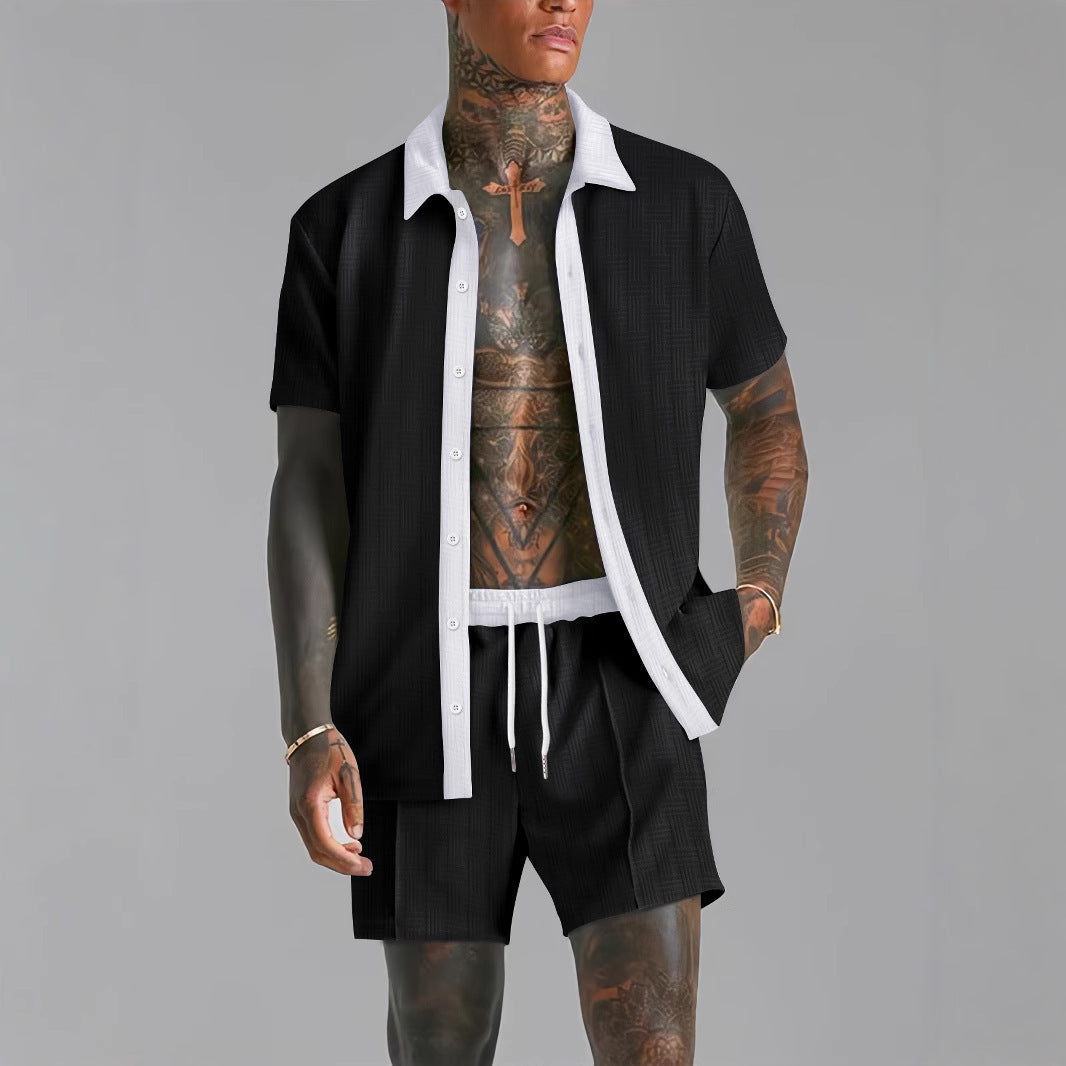 Men's Set with Shirt and Shorts – Cotton Blend – Relaxed Fit – Button Closure – Elastic Waist