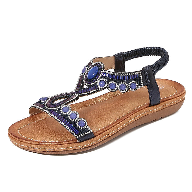 Padded Footbed Boho Beads Elastic Strap Sandals