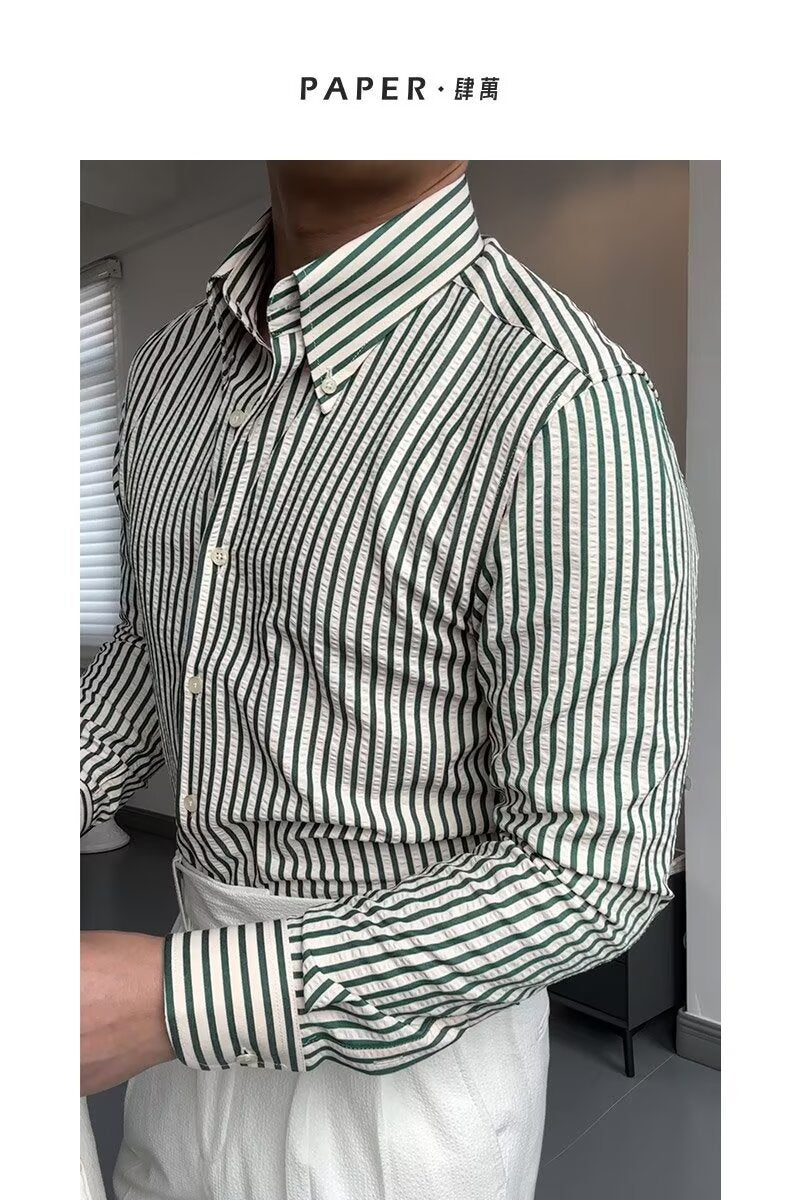 Men's Shirt with Long Sleeves – Tailored Fit – Breathable Cotton Blend – Striped Design