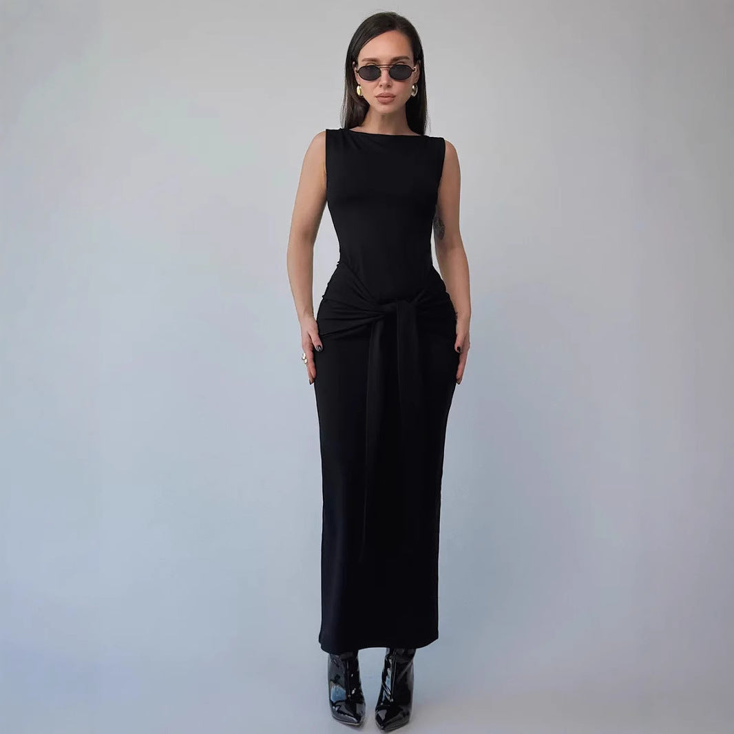 Women's Maxi Dress – Bodycon Fit – Sleeveless – Round Neck – Waistband Elegant Style