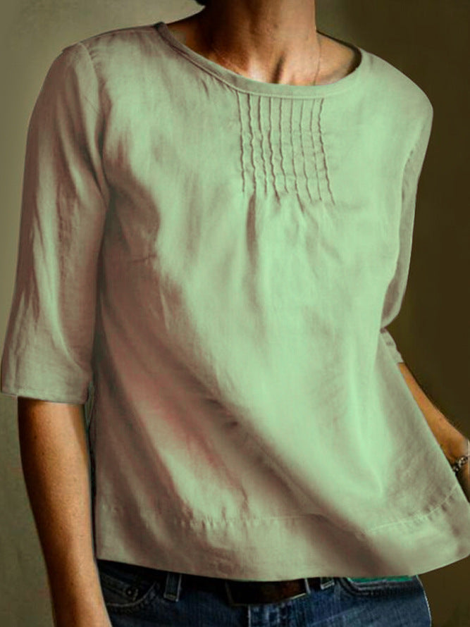 Women's Blouse – Cotton Linen Blend – Loose Fit – 3/4 Sleeve – Pleated Front
