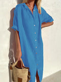 Women's Shirt Dress – Cotton Linen Blend – Relaxed Fit – Short Sleeve – Button Closure