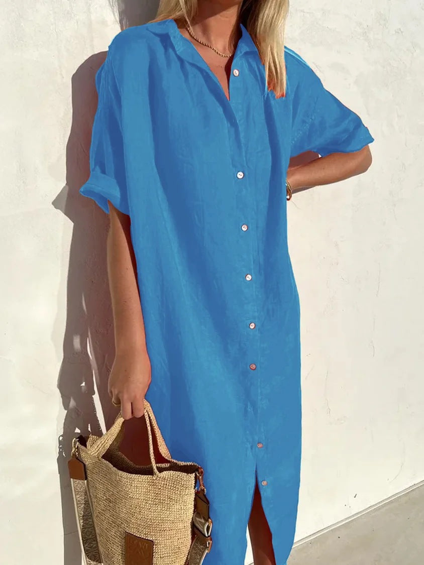 Women's Shirt Dress – Cotton Linen Blend – Relaxed Fit – Short Sleeve – Button Closure