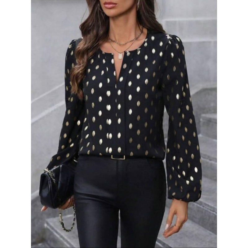 Women's Long-Sleeved Blouse – Relaxed Fit – Polka Dot Pattern – Round Neck with Keyhole