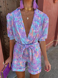 Women's Playsuit – Tailored Fit – Puff Sleeves – V-Neck – Belt – Print – Pockets