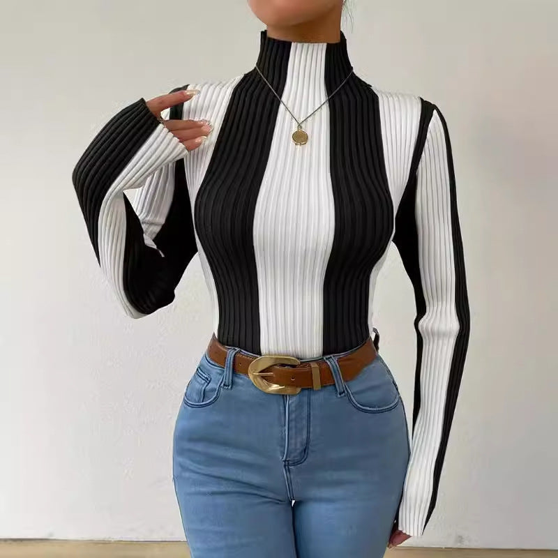 Dame Strikbluse – Slim Fit – Ribbet Struktur – Mock Neck – Lange Ærmer