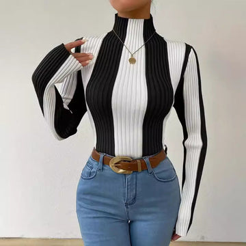 Dame Strikbluse – Slim Fit – Ribbet Struktur – Mock Neck – Lange Ærmer